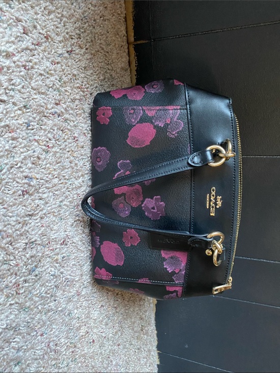 Coach Handbags - Coach Black Tote with Pink and Plum Floral Print